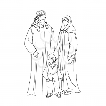 Arab Family People Father, Mother And Son Black Line Pencil Drawing Vector. Arabic Family Man, Woman And Boy Child Wearing Muslim Islamic Traditional Clothes Standing Together. Characters Illustration