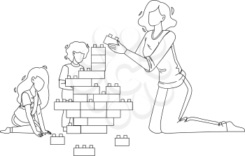 Woman Babysitting And Playing With Children Black Line Pencil Drawing Vector. Young Girl Babysitting And Play With Kids. Characters Babysitter And Babies Building Tower With Blocks Toys Illustration