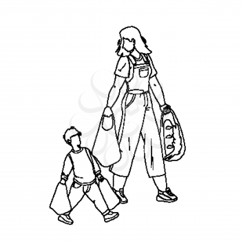 Children Etiquette Help To Adult Carry Bags Black Line Pencil Drawing Vector. Children Etiquette And Good Manners, Boy Son Helping Mother Woman Carrying Products Food. Characters Kid With Parent Illustration