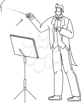 Music Conductor Man Conducting Orchestra Black Line Pencil Drawing Vector. Conductor Leader With Stick Baton And Stand With Notes Book Directing Symphony Musicians. Character Gesturing Illustration