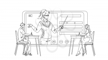 Digital Classroom Educational Web Lecture Black Line Pencil Drawing Vector. Boy And Girl Sitting At Desk And Listening Teacher Internet Online Classroom On Tablet Screen. Characters Lesson Illustration