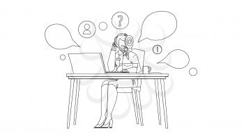 Call Center Dispatcher Working At Table Black Line Pencil Drawing Vector. Young Woman Dispatcher With Headphones Device Work At Office Computer. Character Operator Dispatch Terminal Worker Illustration