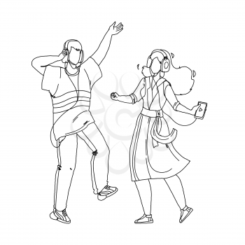 People Couple Listening Music And Dancing Black Line Pencil Drawing Vector. Young Man And Woman Listen Music In Headphones. Characters Boy And Girl With Digital Gadget Leisure Time Together Illustration
