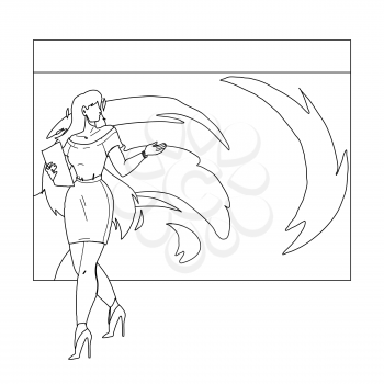 News Weather Reporter Work On Television Black Line Pencil Drawing Vector. Weekly Weather Forecast Broadcasting Young Woman On Tv. Character Lady Meteorology Media Report, Multimedia Job Illustration
