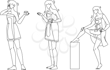 Girl Ointment Package And Massaging Leg Set Black Line Pencil Drawing Vector. Young Woman Holding Ointment Container, Cream On Hand And Body Applying. Character Beauty Cosmetics Treatment Illustration