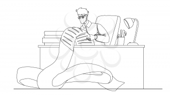 Businessman Busy With Paperwork In Office Black Line Pencil Drawing Vector. Man Accountant Paperwork, Working With Paper Documents Or Financial Report. Character Company Worker Employee Illustration