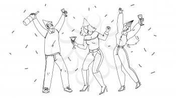 People Celebrating Birthday Or Christmas Black Line Pencil Drawing Vector. Young Man And Women Celebrating Anniversary Or Xmas, Drinking Alcoholic Beverage And Dancing Together. Characters Party Illustration