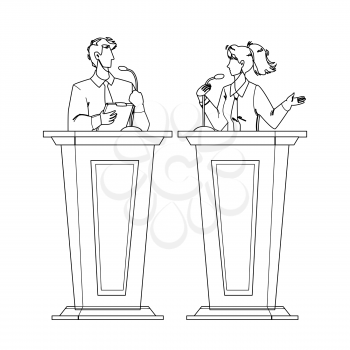 Speaker Discussing With Opponent At Tribune Black Line Pencil Drawing Vector. Speaker Woman And Man Talking In Microphone On Meeting Or Conference. Characters Businessman And Businesswoman Illustration