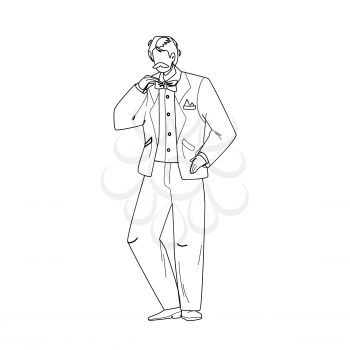 Tuxedo And Butterfly Tie Wearing Young Man Black Line Pencil Drawing Vector. Whiskered Businessman Wearing Elegant Tuxedo Costume Clothes. Character Guy In Elegance Classic And Stylish Suit Illustration