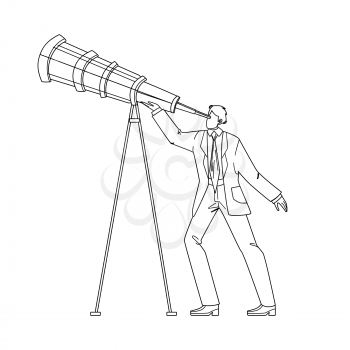 Visionary Businessman Looking Into Spyglass Black Line Pencil Drawing Vector. Visionary Man Watching In Telescope. Character Guy Manager Leadership Business Vision, Recruitment Employee Illustration