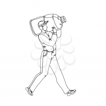 Water Delivery Service Worker Carry Bottle Black Line Pencil Drawing Vector. Courier Delivering Water Container To Client. Character Man Carrying Fresh And Healthy Clean Drink Gallon Illustration