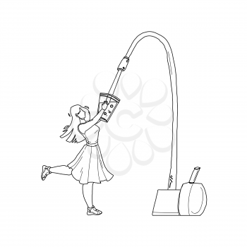 Water Filter Faucet Pouring In Glass Girl Black Line Pencil Drawing Vector. Young Woman Holding Cup And Filling Fresh Clean Water From Tap. Character Lady Filtration Drink, Healthy Purity Liquid Illustration