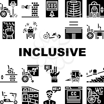 Inclusive Life Tool Collection Icons Set Vector. Graduation And Working Place, SportLife And Communication, Bus And Velomobile Inclusive Life Glyph Pictograms Black Illustrations