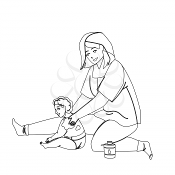 Baby Cream Mother Applying On Child Back Black Line Pencil Drawing Vector. Woman Apply Baby Cream On Toddler Kid. Characters Girl And Infant Use Healthcare Lotion Cosmetics For Skincare Illustration