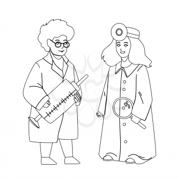 Children Doctors Boy And Girl Play Together Black Line Pencil Drawing Vector. Children Doctors In Medical Uniform Holding Syringe And Magnifier Glass Wearing Reflector. Playing Profession Illustration