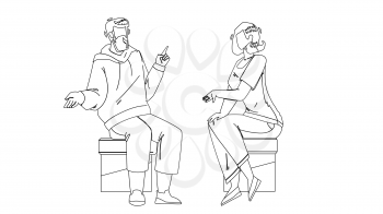 Conversation Between Young Man And Woman Black Line Pencil Drawing Vector. Boy And Girl Sitting On Chair Have Business Conversation Together. Characters People Discussing On Meeting Illustration