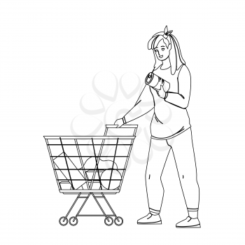 Customer With Market Cart Choosing Food Black Line Pencil Drawing Vector. Young Woman Customer Choose Conserve And Buying Products In Grocery Supermarket. Character Girl Purchase In Shop Illustration