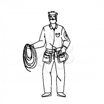 Electrician Hold Electrical Cord And Tool Black Line Pencil Drawing Vector. Electrician Man Holding Electric Wire And Professional Equipment. Character Repair Electricity Service Worker Illustration