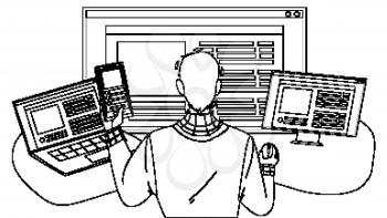 Front End Development Developer Occupation Black Line Pencil Drawing Vector. Young Man Working At Computer, Front End Development Professional Business. Character Boy It Worker Developing Illustration