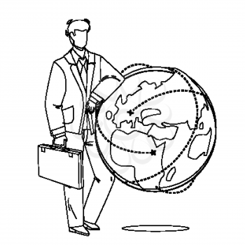Global Business Managing Businessman Ceo Black Line Pencil Drawing Vector. Global Business Development And Management Young Man. Guy Wearing Suit Holding Case Staying Near Planet Sphere Illustration