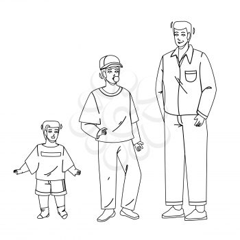 Growing Boy From Little Baby To Adult Man Black Line Pencil Drawing Vector. Growing Boy, Smiling Small Kid, Chewing Gum Teenager And Elegant Grown Guy. Life Cycle From Child To Big Illustration