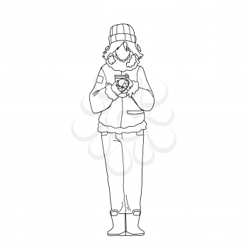 Hot Drink Drinking Woman In Winter Day Black Line Pencil Drawing Vector. Young Girl Wearing Warm Season Clothes Holding Hot Drink Coffee Or Tea Cup. Character Warming With Beverage Illustration