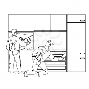 Handyman Workers Install Kitchen Furniture Black Line Pencil Drawing Vector. Professional Serviceman Installing Kitchen Cabinets, Assembling Process. Characters Renovation Occupation Illustration