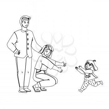 Kid Adoption Young Man And Woman Parents Black Line Pencil Drawing Vector. New Father And Mother Daughter Kid Adoption, Happy Child Girl Running To Mom Embrace. Parenting And Childcare Illustration