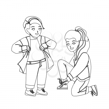 Kids Dressing Up Casual For Walking In Park Black Line Pencil Drawing Vector. Preteen Boy Dressing Up Shirt And Girl Tying Shoe Laces Preparing For Walk And Playing On Playground. Illustration