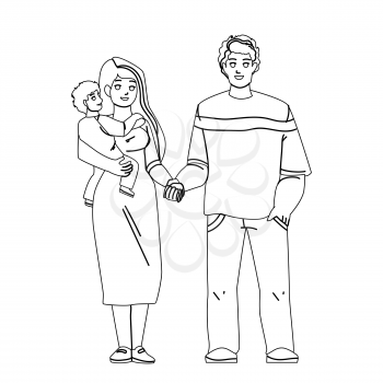 Happiness Mixed Family Standing Together Black Line Pencil Drawing Vector. African Man Husband, Caucasian Woman Wife And Child, Happy Multiracial Family. Father, Mother And Son Kid Illustration