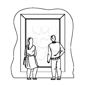 People Looking At Picture Artwork In Museum Black Line Pencil Drawing Vector. Man And Woman Couple Look Together At Exhibit In Art Museum. Characters Tourists On Interesting Exhibition Illustration