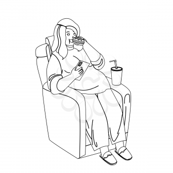 Overweight Girl Eat Fast Food In Armchair Black Line Pencil Drawing Vector. Young Overweight Girl Sitting In Chair Eating Sandwich, Drinking Soda Drink And Holding Smartphone. Fat Problem Illustration