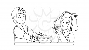 Boy And Girl Children Healthy Refusing Food Black Line Pencil Drawing Vector. Sad Schoolboy And Angry Schoolgirl Refusing Vegetable Vitamin Salad. Kids Refuse Natural Product Dish Illustration