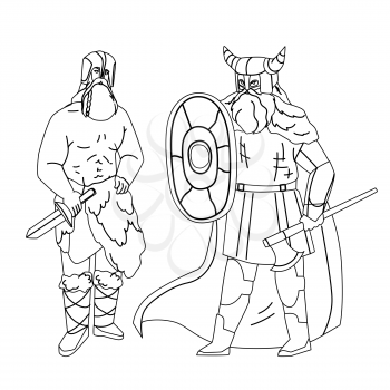 Viking Men Armoured With Axe And Shield Black Line Pencil Drawing Vector. Bearded Muscular Viking Strong People With Knife Weapon Wearing Helmet With Hornes. Characters Guys Warriors Illustration