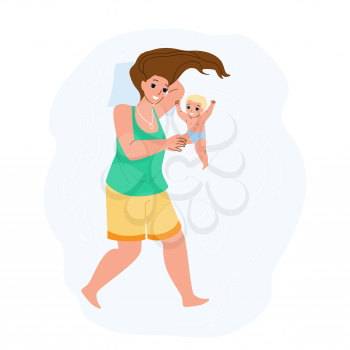 Mother And Newborn Baby Playing Together Vector. Woman Mother And Newborn Toddler Child Having Funny Time And Play Togetherness. Characters Parenthood And Childhood Flat Cartoon Illustration