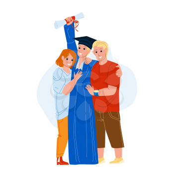 Graduation Ceremony Celebrate Student Boy Vector. Boy Holding Diploma And Posing With Parents Mother And Father On University Graduation Ceremony. Characters Flat Cartoon Illustration