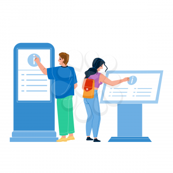Info Kiosk Using People For Get Information Vector. Young Man And Woman Use Interactive Info Kiosk Service, Click Display With Touchscreen Technology. Characters Flat Cartoon Illustration
