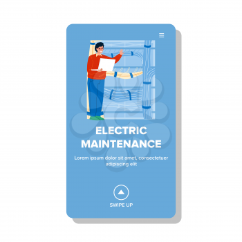 Electric Maintenance Worker Checking Cord Vector. Electric Maintenance Service Worker Man Engineer Check Electricity System With Laptop Computer. Character Web Flat Cartoon Illustration