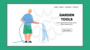 Garden Tools Using Man Farmer On Farmland Vector. Farm Land Worker Young Boy Watering Growing Vegetable With Garden Tools And Care Agricultural Plant. Character Gardener Web Flat Cartoon Illustration