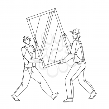 Pvc Window Carrying Men For Installing Black Line Pencil Drawing Vector. Construction Workmen Carefully Carry Pvc Window For Install Or Replacement. Characters Professional Occupation Illustration