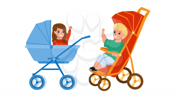 In Baby Carriage Sitting Toddler Children Vector. Happiness Little Boy And Girl Sit In Baby Carriage And Waving With Hand. Characters In Stroller Transportation Flat Cartoon Illustration