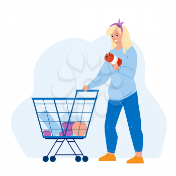Customer With Market Cart Choosing Food Vector. Young Woman Customer Choose Conserve And Buying Products In Grocery Supermarket. Character Girl Purchase In Shop Flat Cartoon Illustration