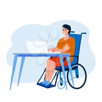 Disabled Worker At Workplace Remote Working Vector. Disabled Worker Sitting On Wheelchair Work Distance Or In Office, Disability Employee. Character Invalid Man Job Flat Cartoon Illustration