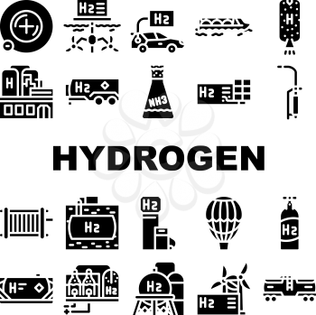 Hydrogen Energy Gas Collection Icons Set Vector. Hydrogen Fuel Station And Cylinder, Solar Panel Production And Factory Manufacturing Glyph Pictograms Black Illustrations