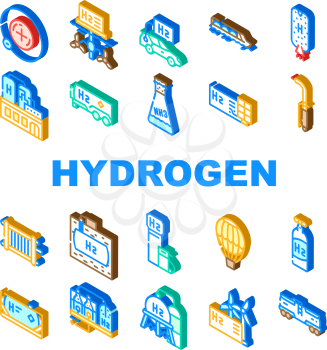 Hydrogen Energy Gas Collection Icons Set Vector. Hydrogen Fuel Station And Cylinder, Solar Panel Production And Factory Manufacturing Color Illustrations