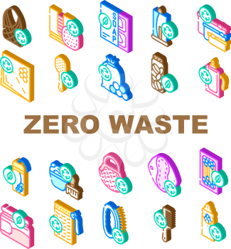 Zero Waste Products Collection Icons Set Vector. Zero Waste Hairbrush And Toothbrush, Bag And Reusable Pad, Soap Dispanser And Jar For Cosmetics Color Illustrations