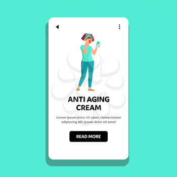 Anti Aging Cream Applying On Face Woman Vector. Facial Anti Aging Cream Using Young Girl, Beauty Procedure. Character Apply Healthy Skin Care Cosmetic Web Flat Cartoon Illustration