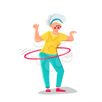 Senior Woman Exercising With Hula Hoop Vector. Elderly Lady Making Exercise With Hula Hoop Sportive Equipment. Character Grandmother Sport And Health Active Time Flat Cartoon Illustration
