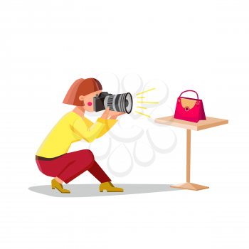 Product Photography Making Photographer Vector. Young Woman Make Product Photography On Photo Camera. Character Girl Photographing Female Bag On Digital Device Flat Cartoon Illustration