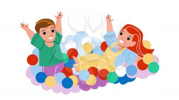 In Ball Pool Playing Boy And Girl Children Vector. Kid Resting And Enjoying In Ball Pool Together. Characters Funny Recreational Gaming Time On Kids Attraction Flat Cartoon Illustration